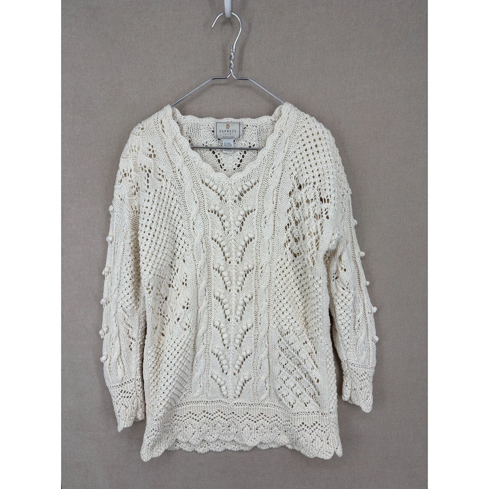 Vintage Express Tricot Sweater M Ivory Heavyweight Chunky Knit Handknitted